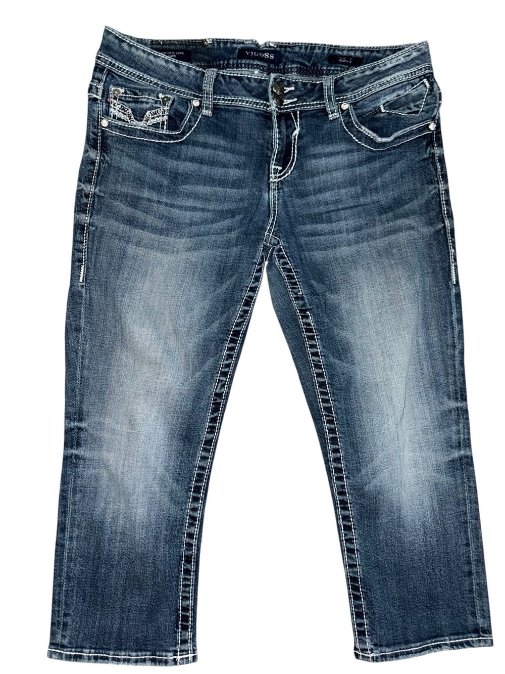 Vigoss Junior Capri Jeans Size 11 Medium Wash Embroidered Flap Pockets Stretch